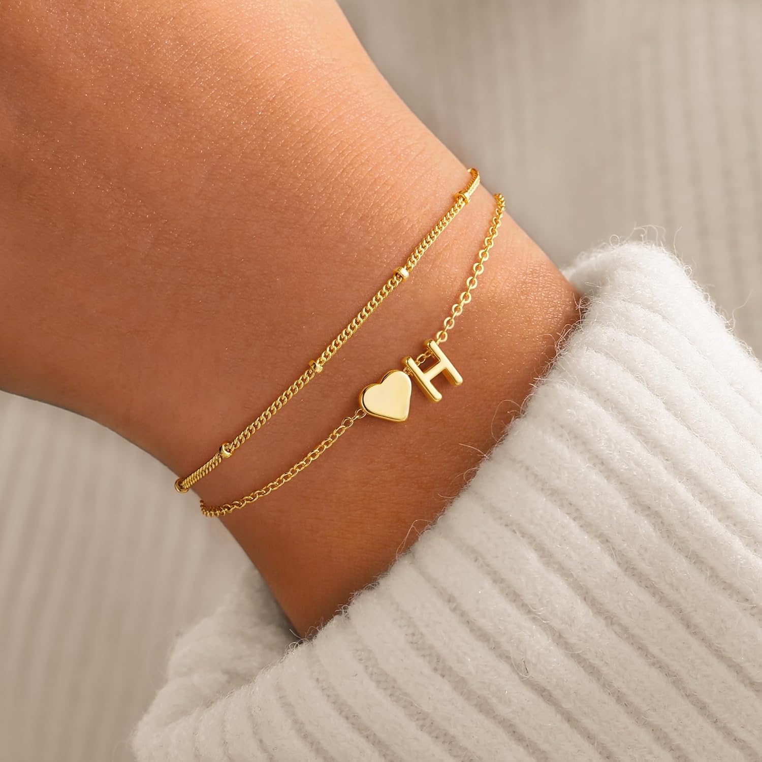 14K-Gold-Plated Heart Initial Bracelets for Women Girl Dainty Gold