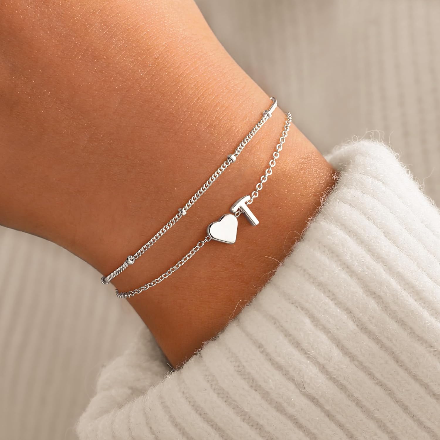 14K-Gold-Plated Heart Initial Bracelets for Women Girl Dainty Gold
