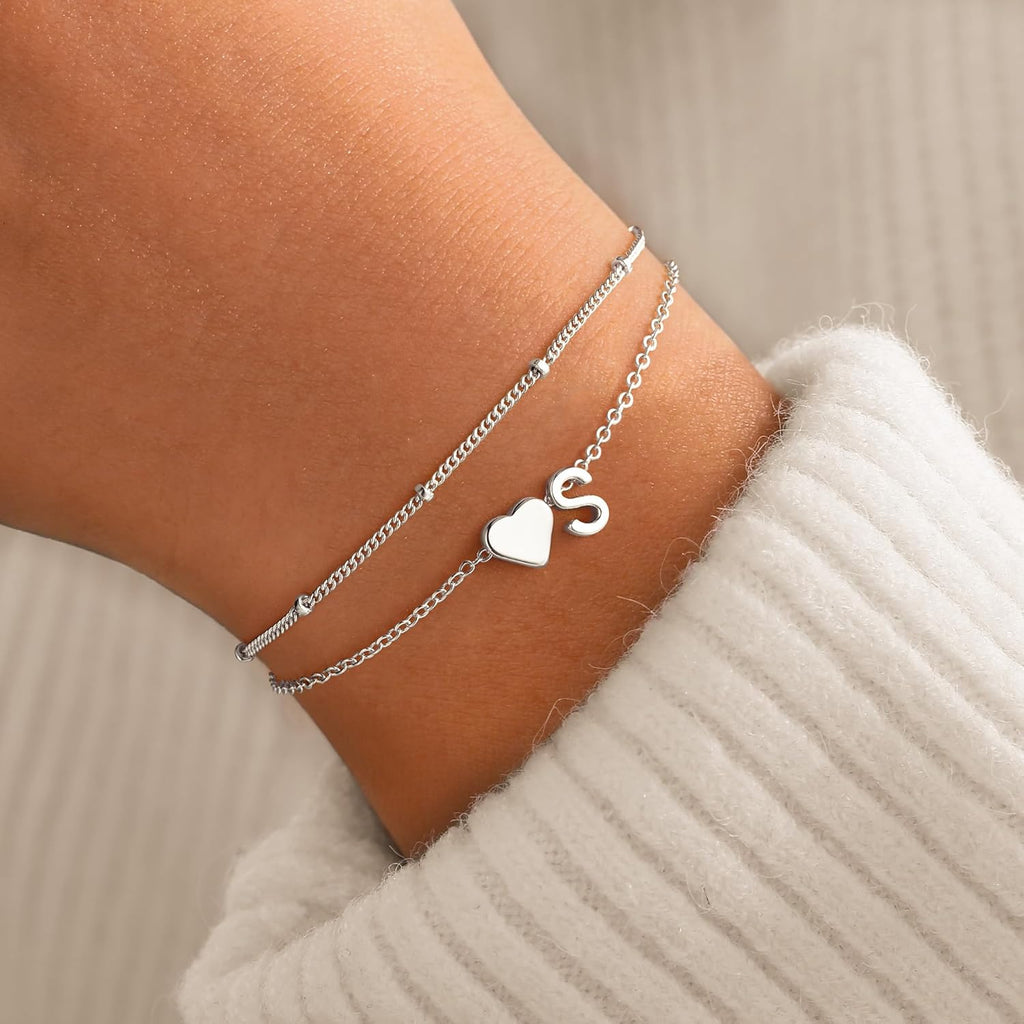 14K-Gold-Plated Heart Initial Bracelets for Women Girl Dainty Gold