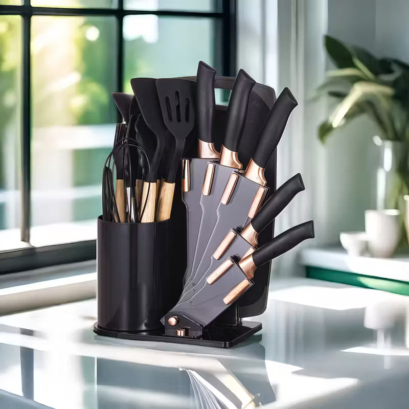 Kitchen Knife Set | 19pcs Premium Silicone Kitchen Utensil & Knife Set - Heat-Resistant, Non-Stick Safe Cooking Tools With Wooden Handles & Chef Knives - Includes Storage Stand | Perfect Gift For Christmas Day, Halloween, Suitable For Home Dormitory