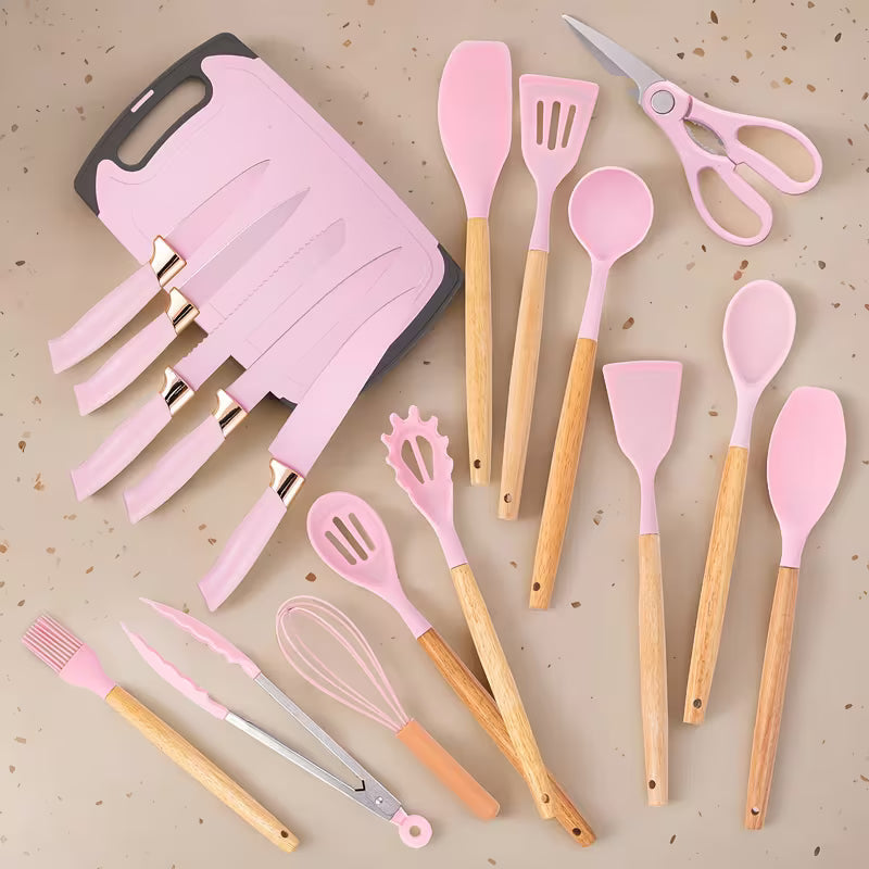 Kitchen Knife Set | 19pcs Premium Silicone Kitchen Utensil & Knife Set - Heat-Resistant, Non-Stick Safe Cooking Tools With Wooden Handles & Chef Knives - Includes Storage Stand | Perfect Gift For Christmas Day, Halloween, Suitable For Home Dormitory