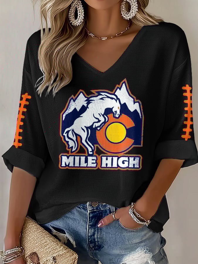 Women's Rugby Print Waffle Long Sleeve T-Shirt