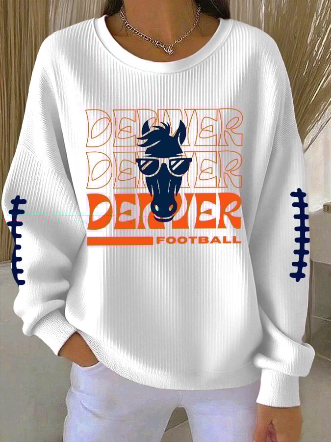 Women's Rugby Print Knit Crew Neck Long Sleeve Top