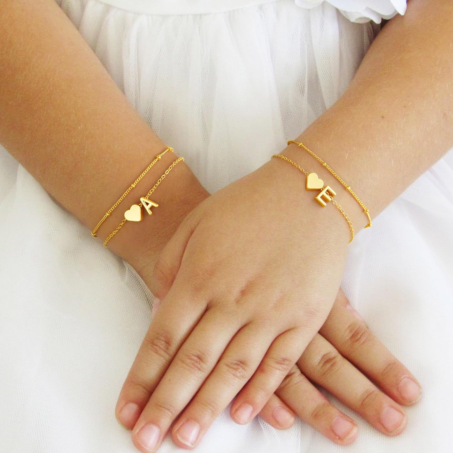 14K-Gold-Plated Heart Initial Bracelets for Women Girl Dainty Gold