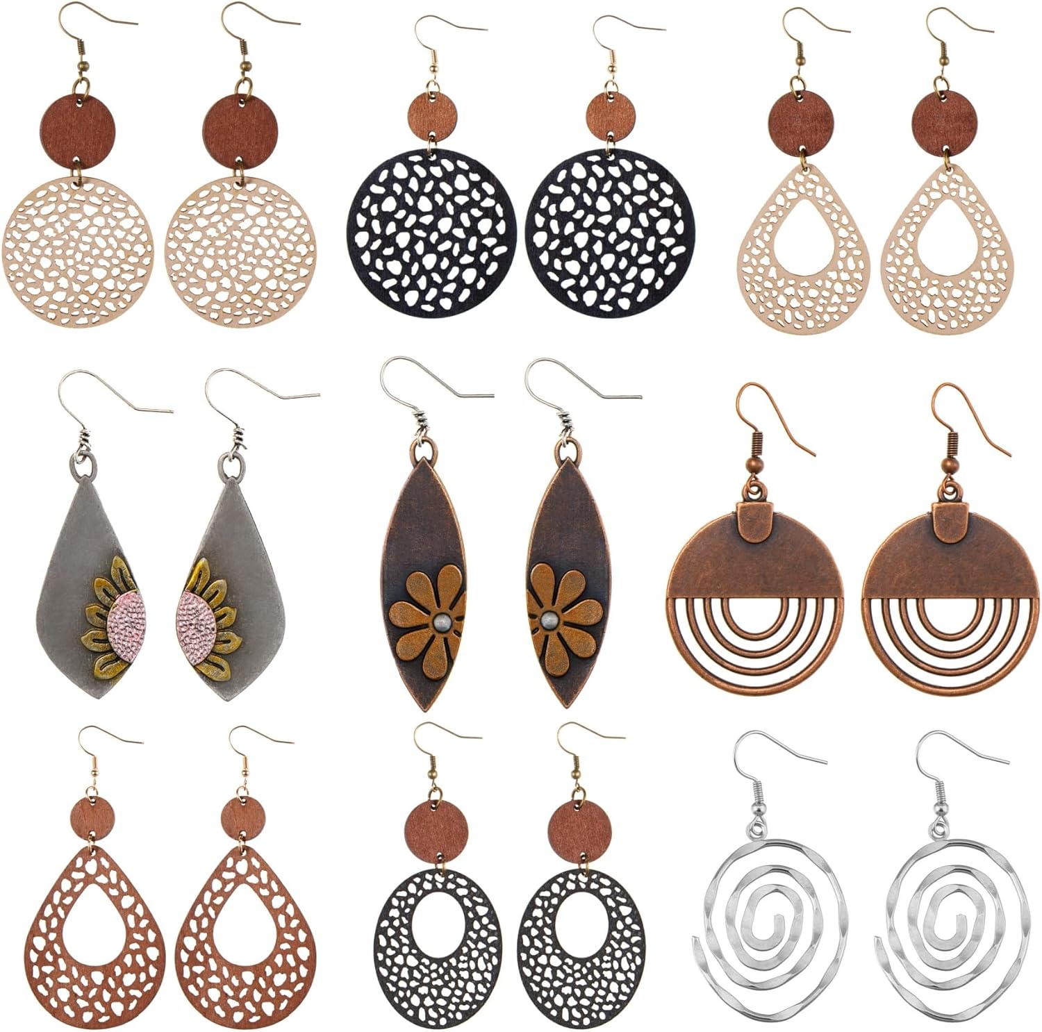 6/9 Pairs Boho Earrings Vintage Wooden Geometric Leather Earrings Flower Earrings