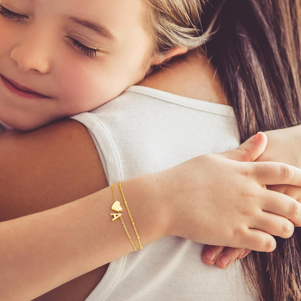 14K-Gold-Plated Heart Initial Bracelets for Women Girl Dainty Gold