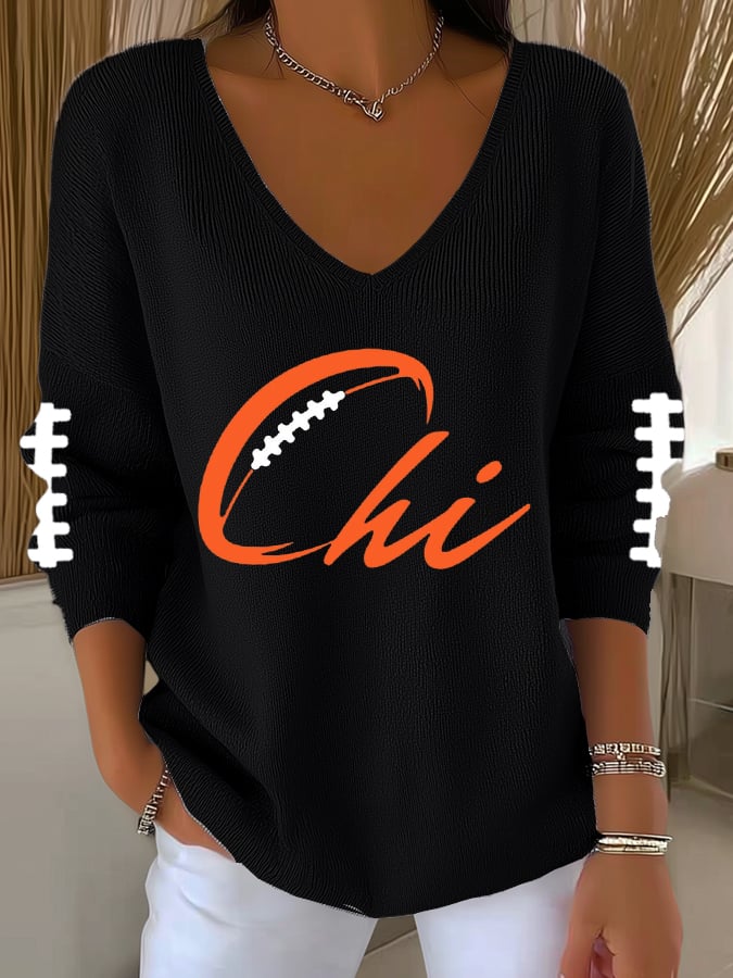 Women's Football Print V-Neck Casual Knitted Sweater