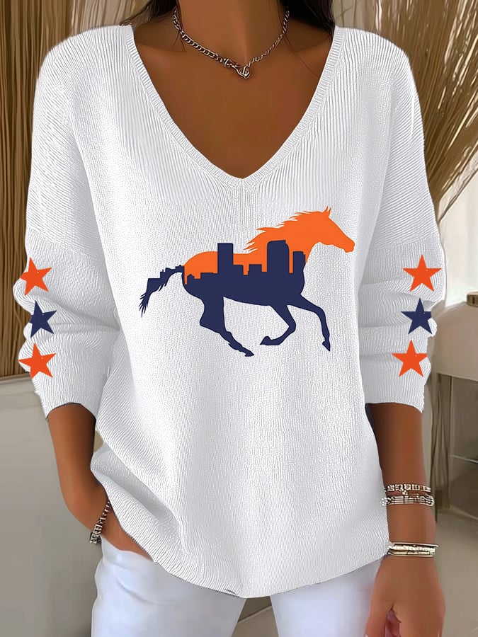 Women's Football Print Knit Long Sleeve Top