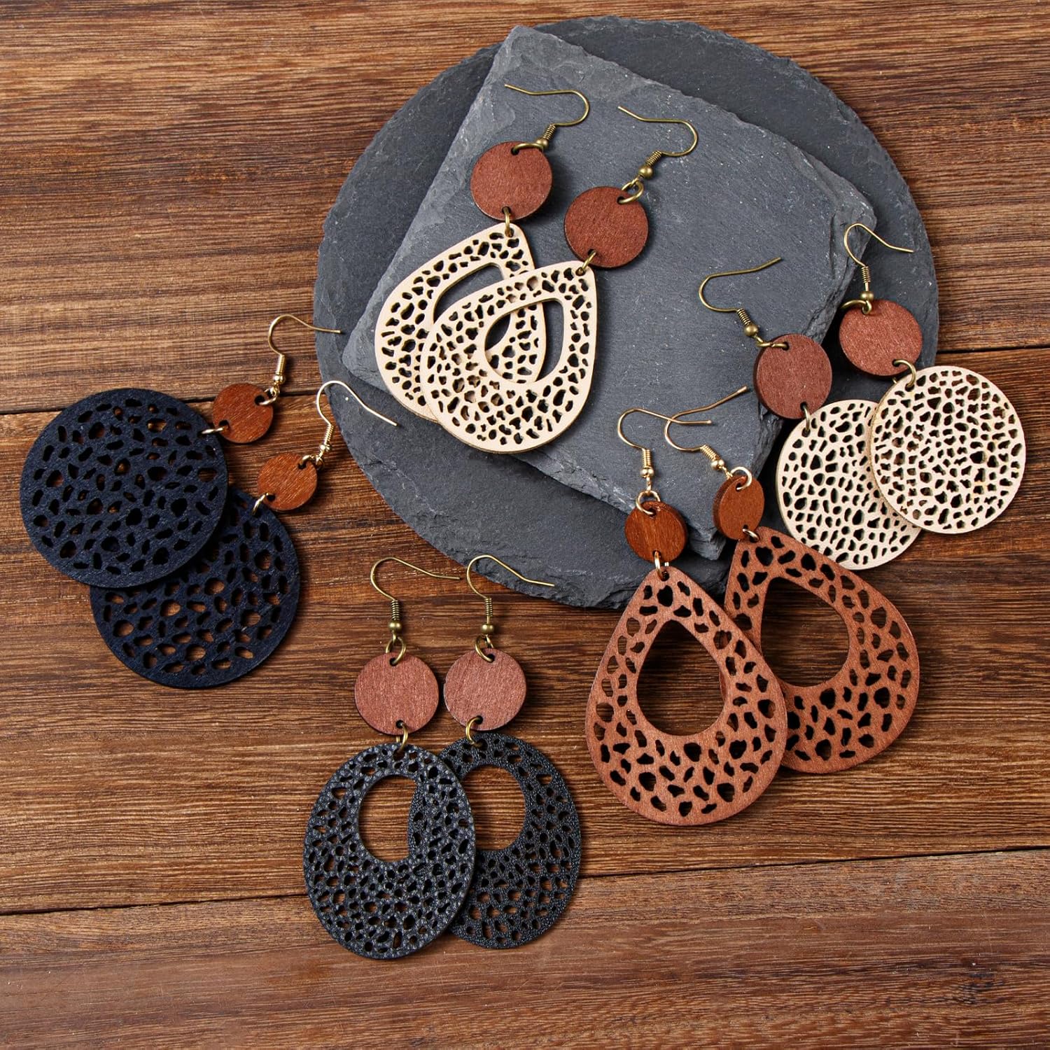 6/9 Pairs Boho Earrings Vintage Wooden Geometric Leather Earrings Flower Earrings