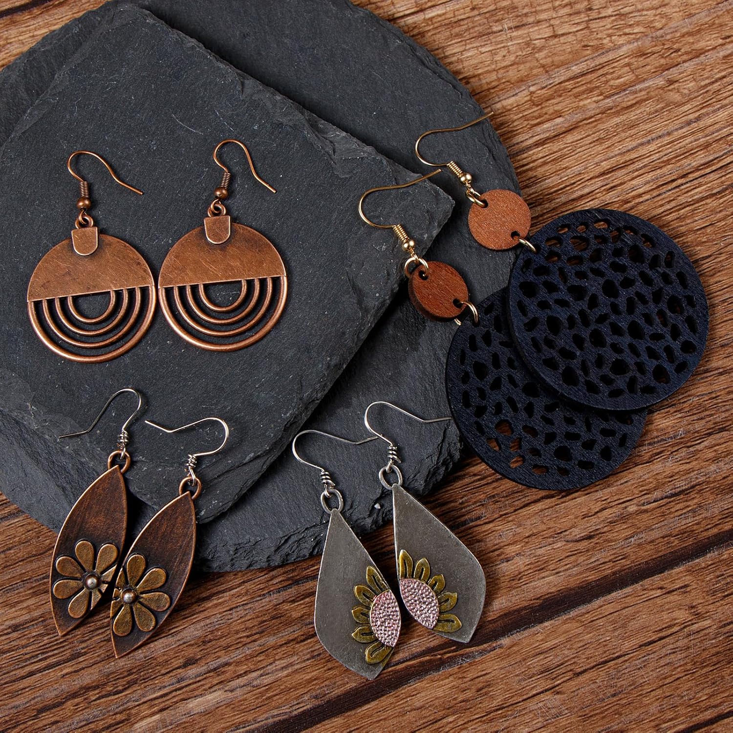 6/9 Pairs Boho Earrings Vintage Wooden Geometric Leather Earrings Flower Earrings