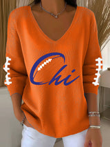 Women's Football Print V-Neck Casual Knitted Sweater