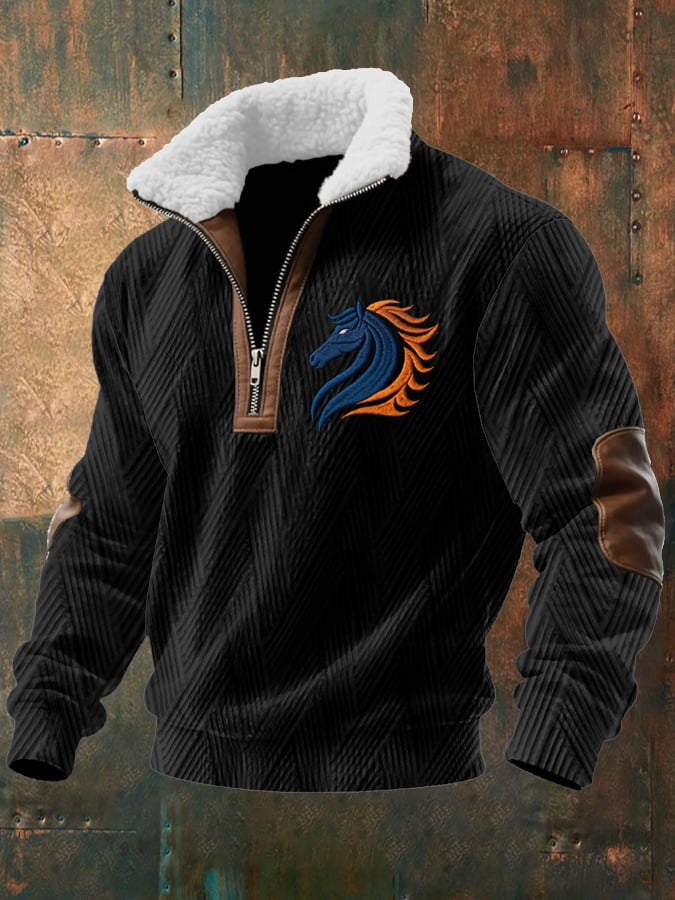Men's Football Heat Transfer Jacquard Fabric Zipper Fur Collar Long Sleeve Sweatshirt