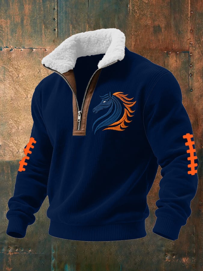 Men's rugby print knit sweatshirt with zipper and fur collar