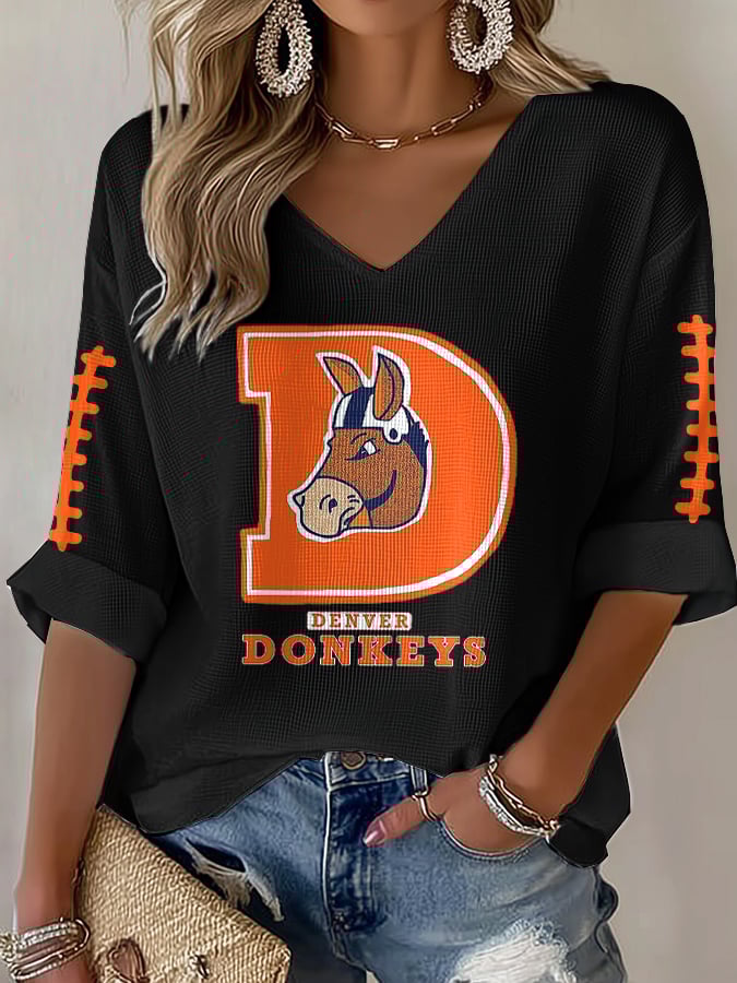 Women's Rugby Print Waffle Long Sleeve T-Shirt