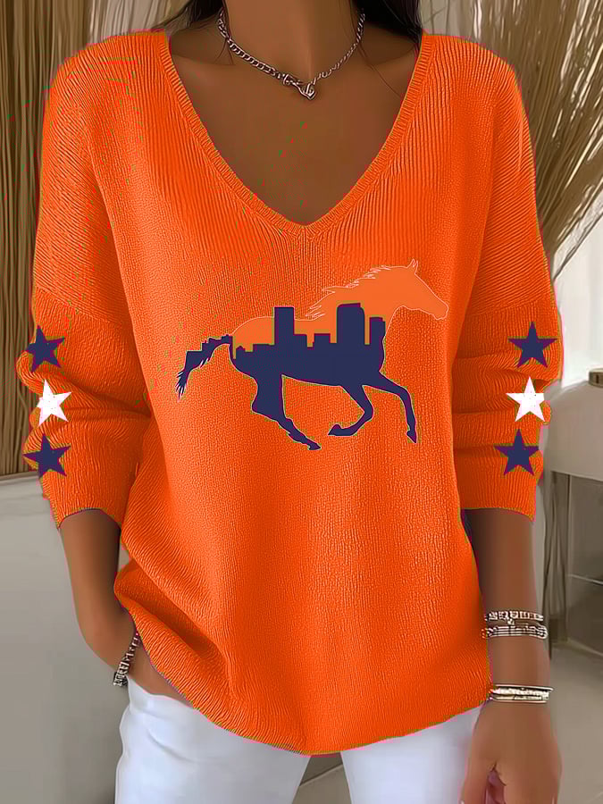 Women's Football Print Knit Long Sleeve Top