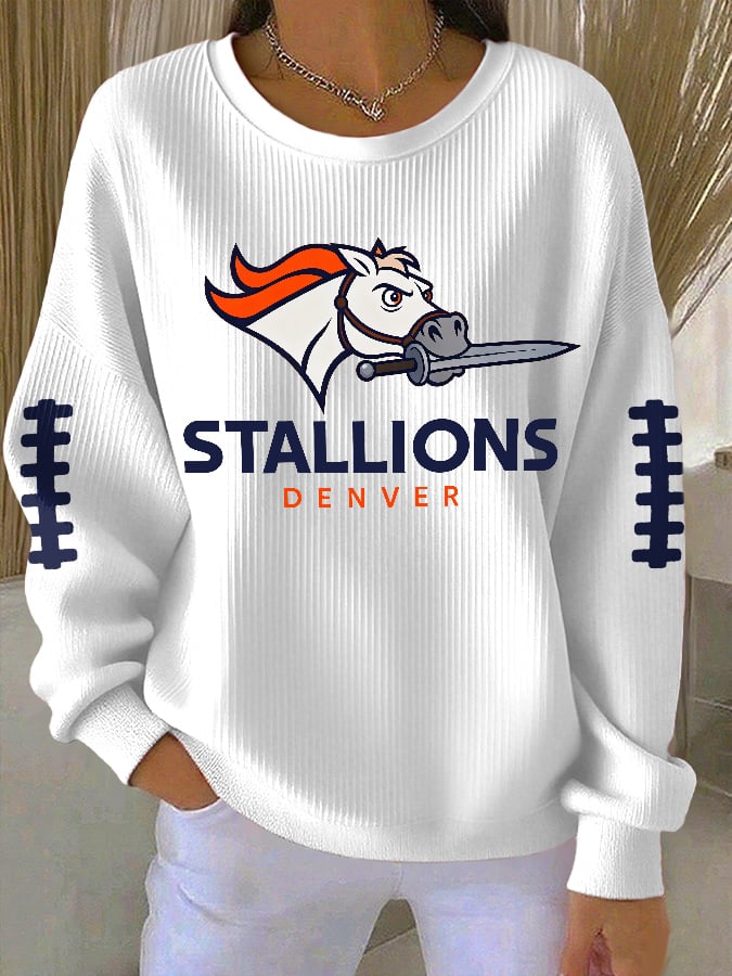 Women's Rugby Print Knit Crew Neck Long-Sleeved Top