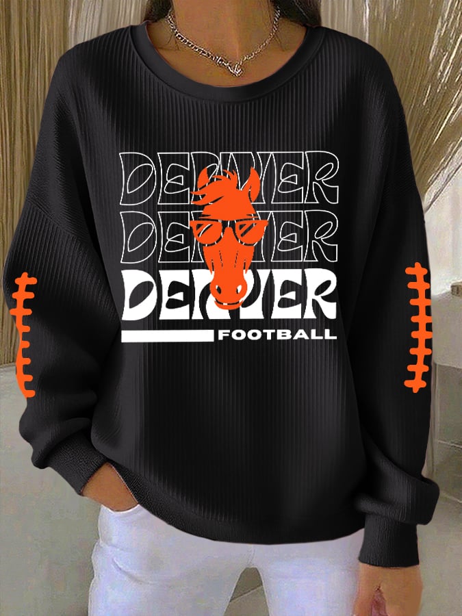 Women's Rugby Print Knit Crew Neck Long Sleeve Top