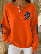 Women's rugby print knit button top