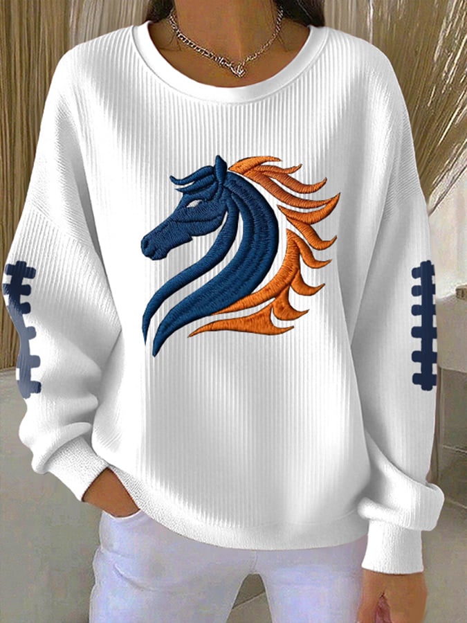 Women's Rugby Print Knit Crew Neck Long Sleeve Top