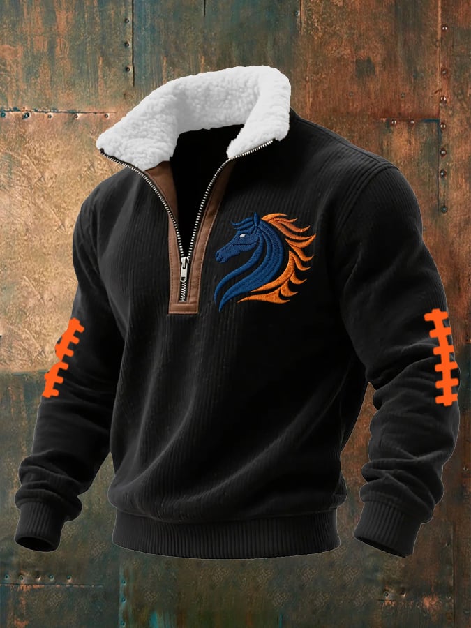 Men's rugby print knit sweatshirt with zipper and fur collar