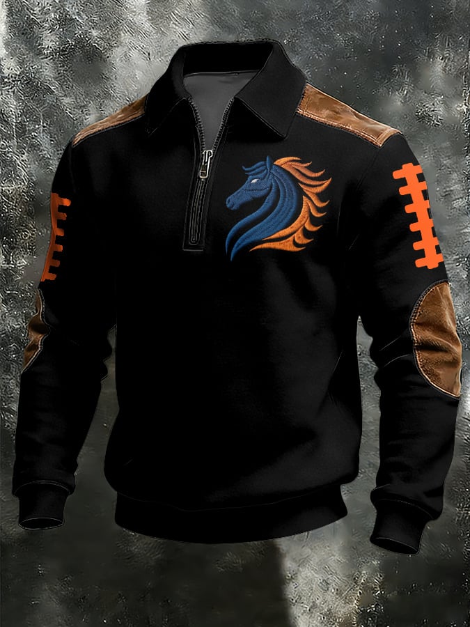 Men's Vintage Football Design Print Casual Zipper Sweatshirt