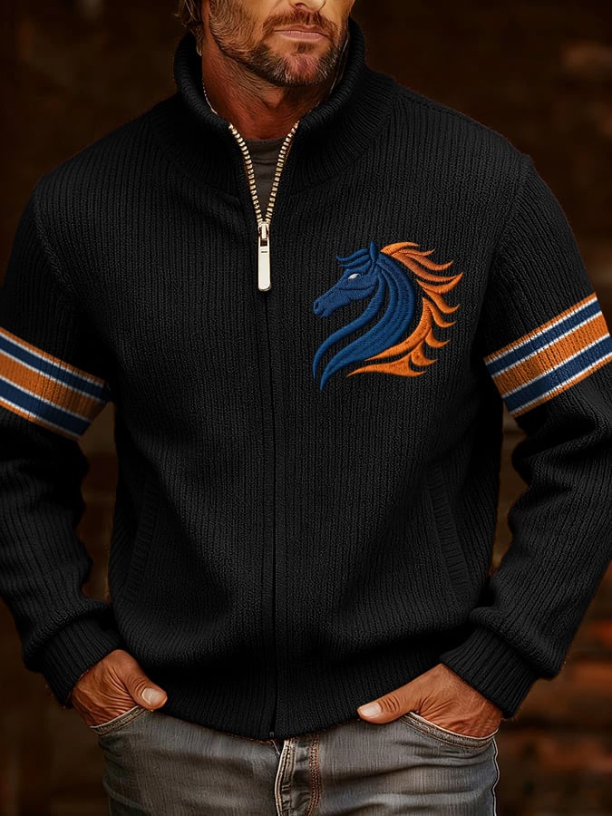 Men's Retro Rugby Print Knit Jacquard Zipper Plush Comfort Jacket