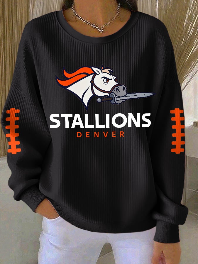 Women's Rugby Print Knit Crew Neck Long-Sleeved Top