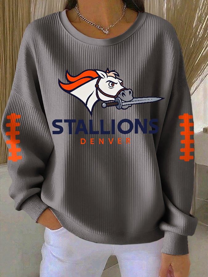 Women's Rugby Print Knit Crew Neck Long-Sleeved Top