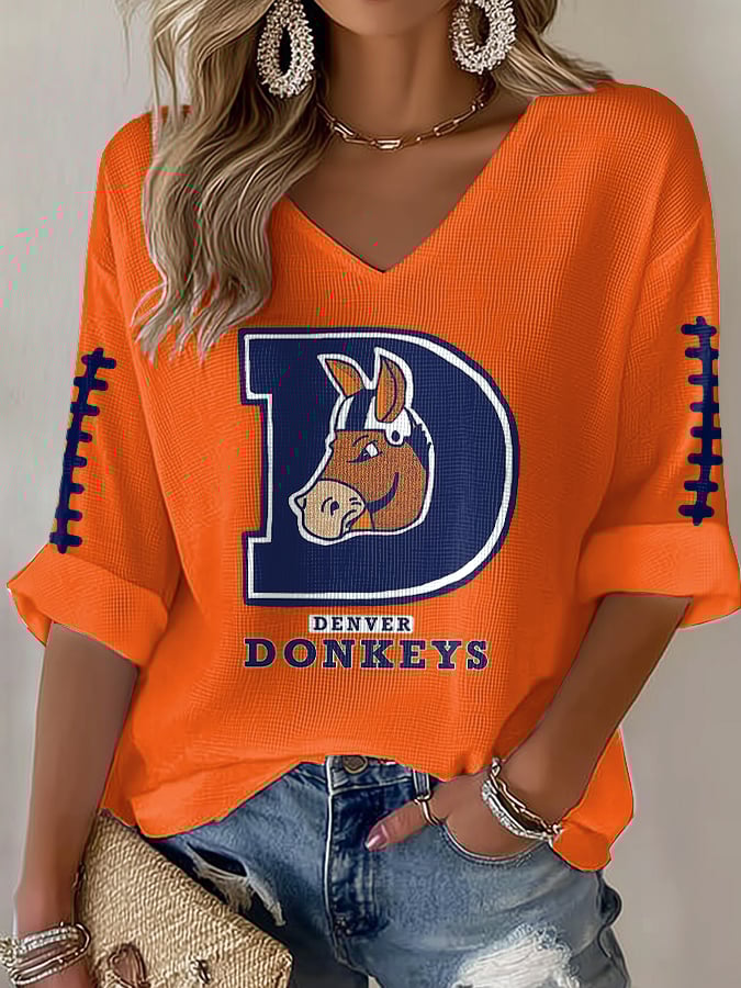 Women's Rugby Print Waffle Long Sleeve T-Shirt