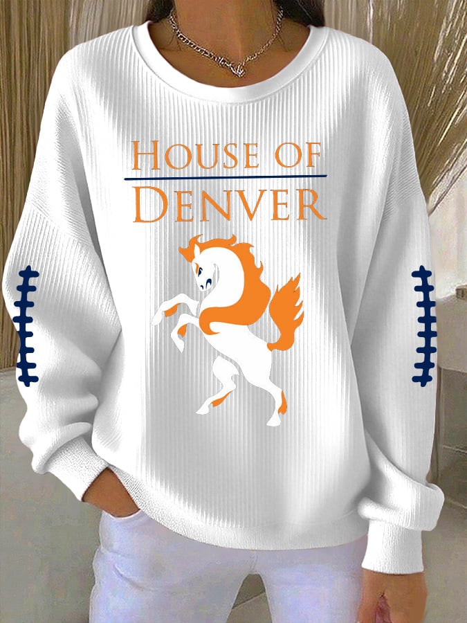 Women's Rugby Print Knit Crew Neck Long Sleeve Top