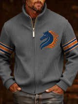 Men's Retro Rugby Print Knit Jacquard Zipper Plush Comfort Jacket