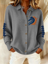 Women's rugby print casual collared knit top