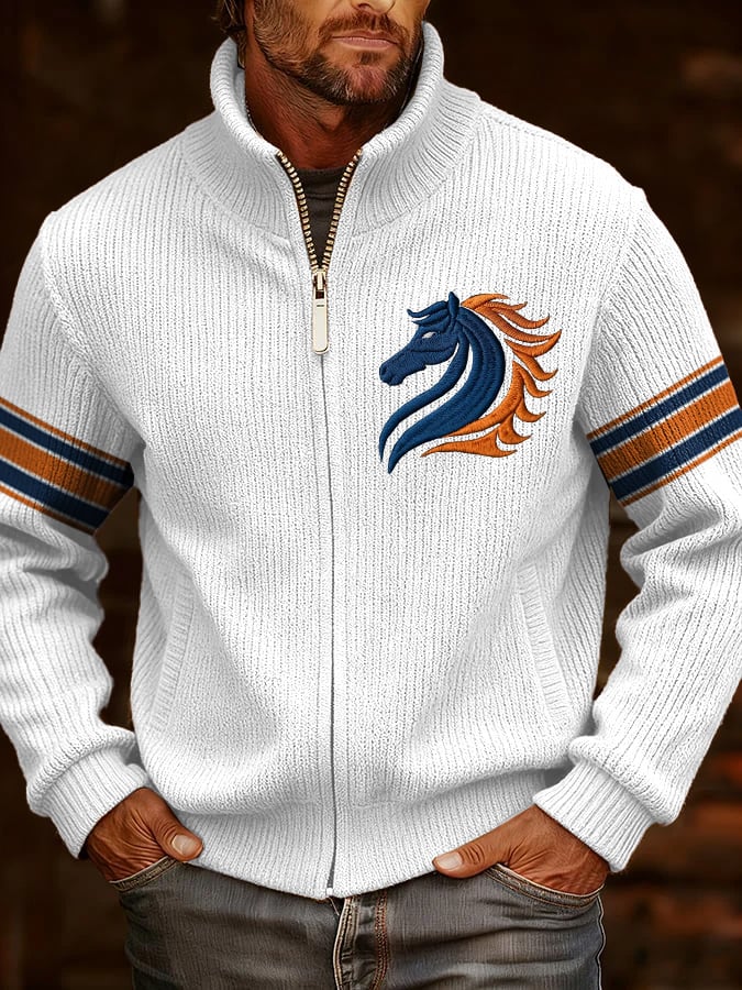 Men's Retro Rugby Print Knit Jacquard Zipper Plush Comfort Jacket