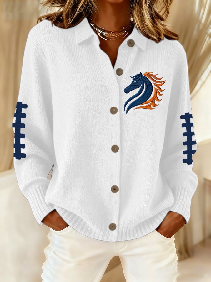 Women's rugby print casual collared knit top