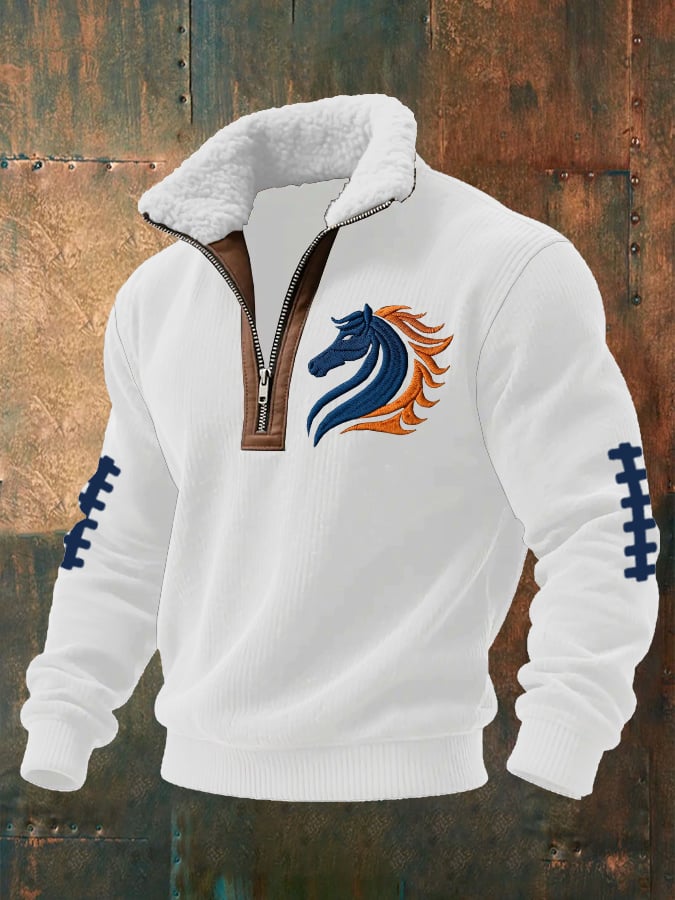 Men's rugby print knit sweatshirt with zipper and fur collar